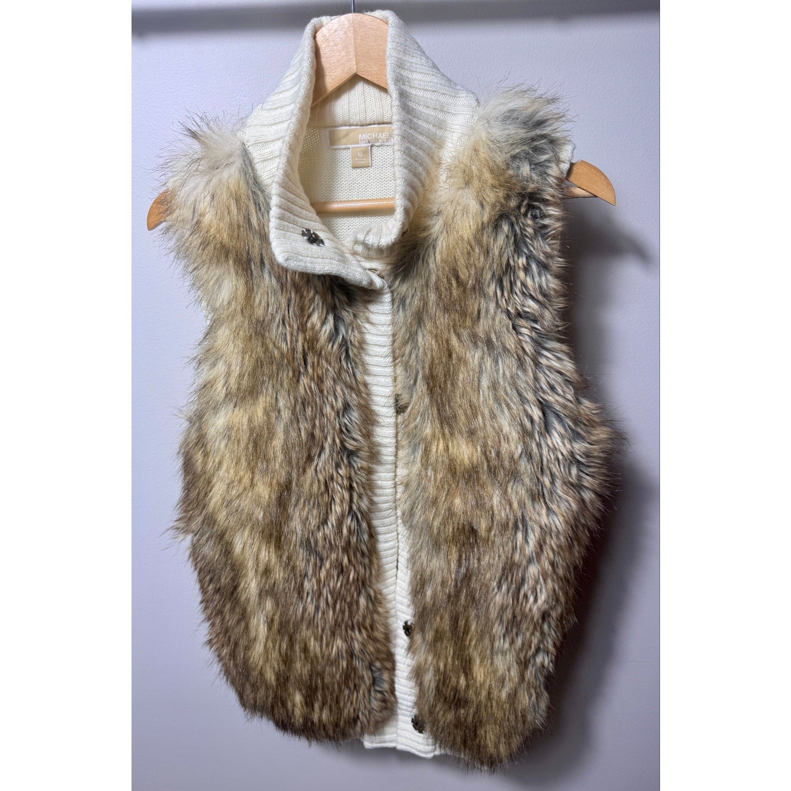 Women MICHAEL Michael Kors Faux Canadian Fox Fur Sweater Vest Wool Blend Medium