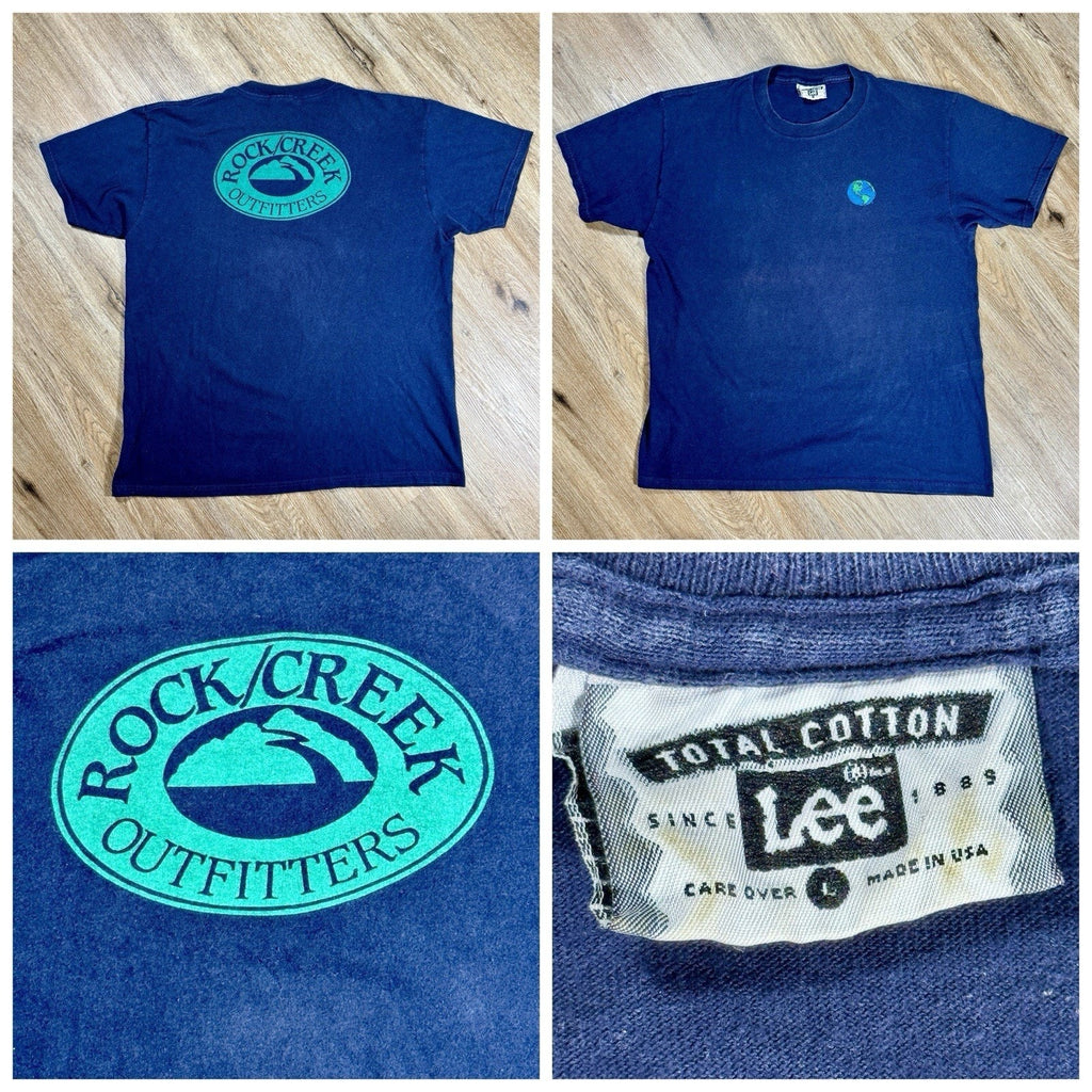 Vtg 90s Lee USA Rock Creek Outfitters Hiking Camping Graphic T Shirt L