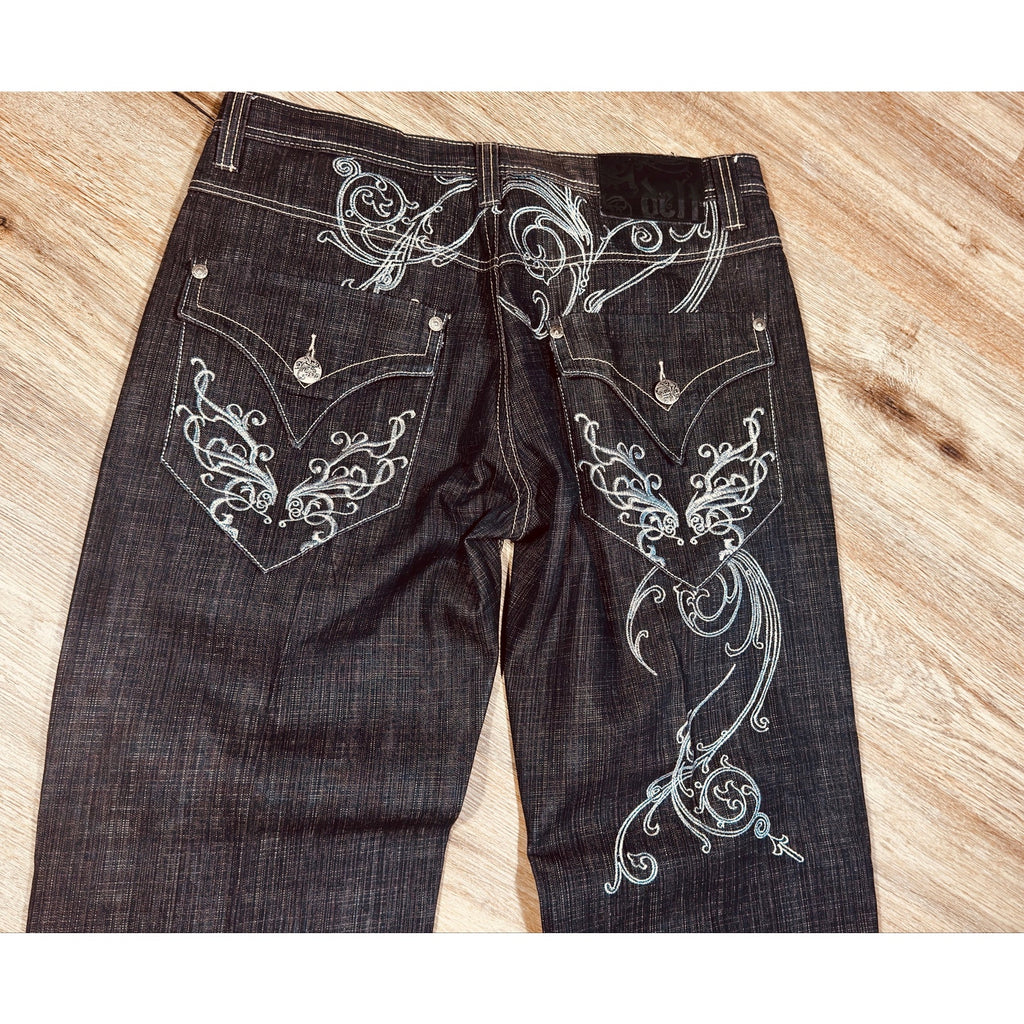 Rare DELF Y2K Baggy Embroidered Jeans Men’s 38x34 Dark Wash Skater Hip Hop Streetwear