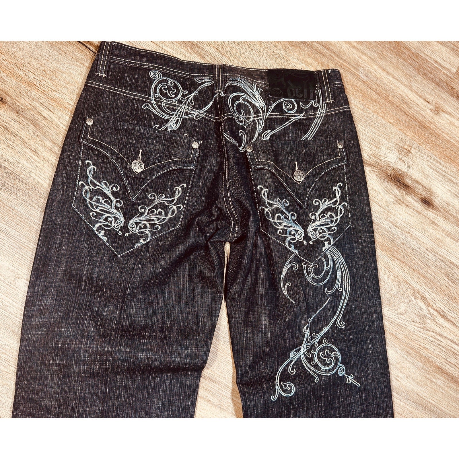 Rare DELF Y2K Baggy Embroidered Jeans Men’s 38x34 Dark Wash Skater Hip Hop Streetwear