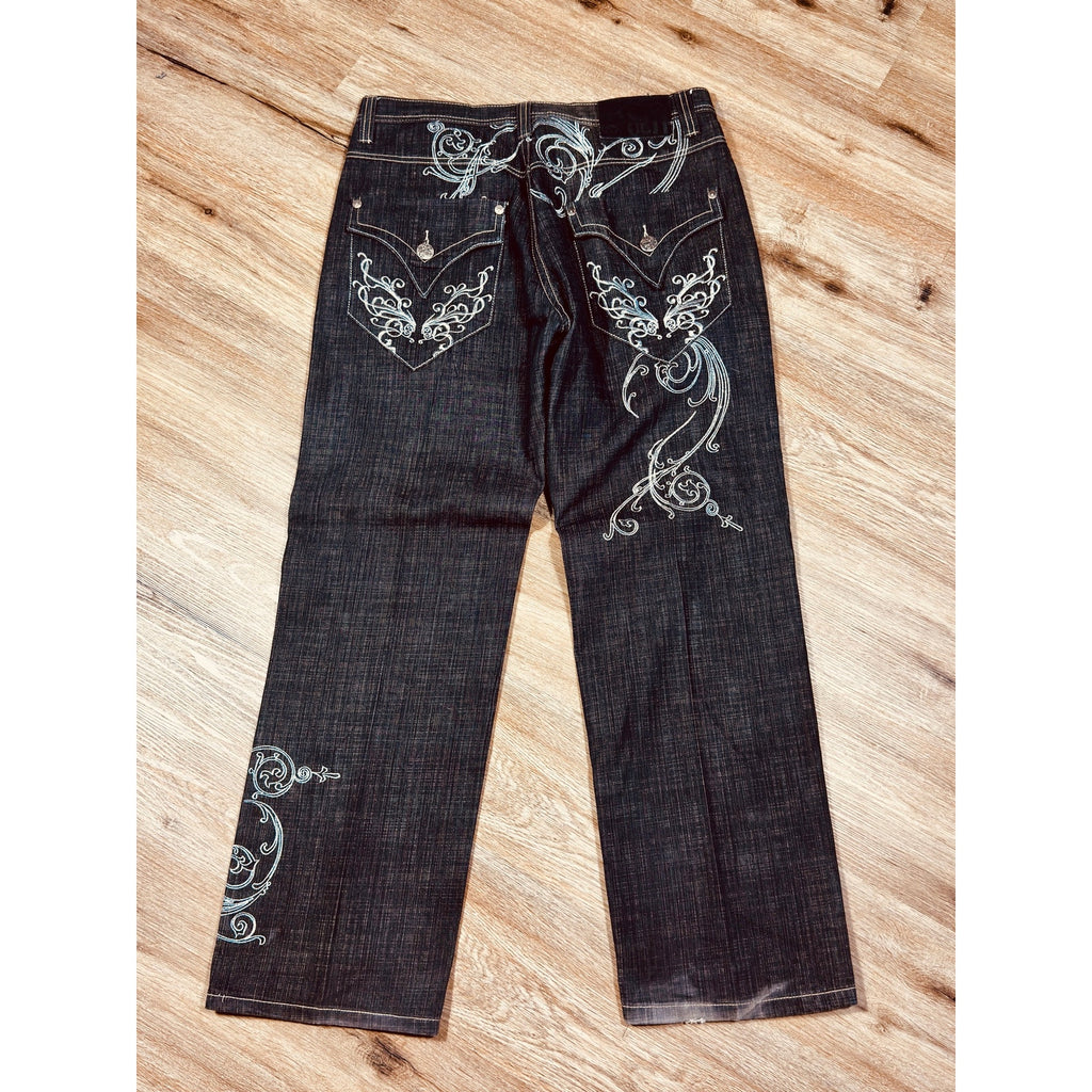 Rare DELF Y2K Baggy Embroidered Jeans Men’s 38x34 Dark Wash Skater Hip Hop Streetwear