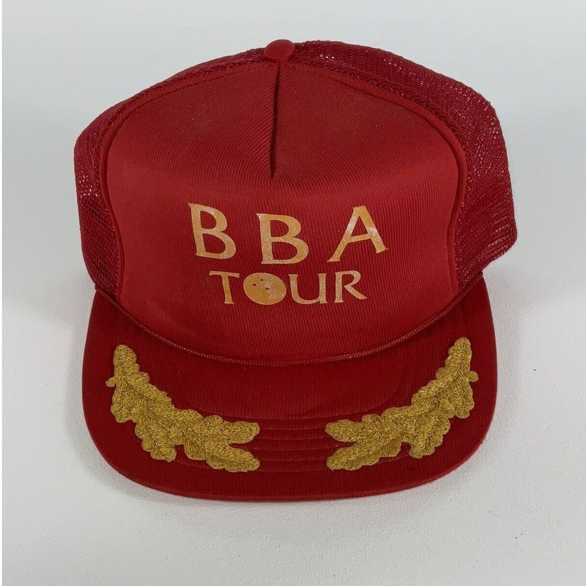 Vtg 1970s BBA Tour Bowling Trucker Hat Red Gold Mesh Snapback Taiwan