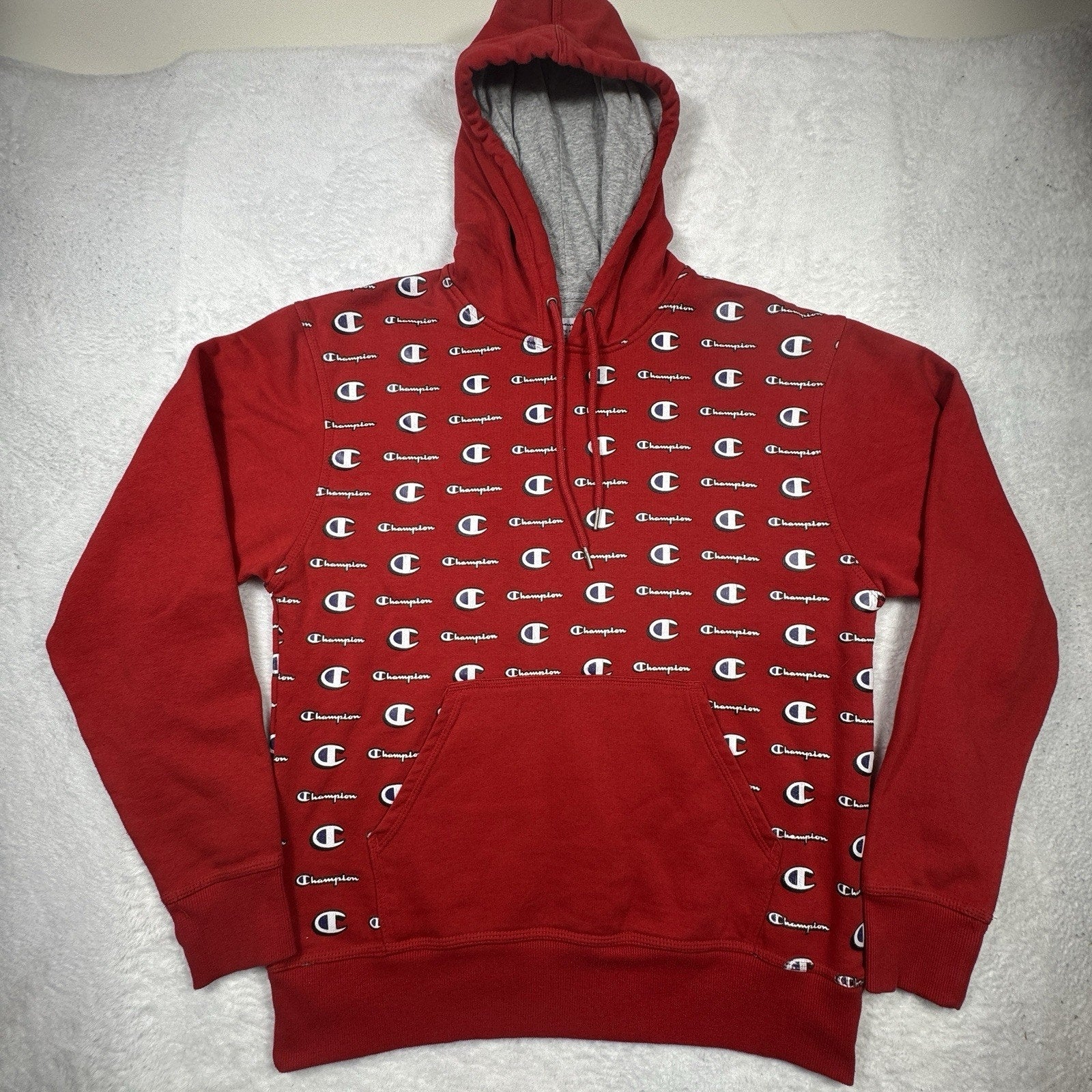 Champion All Over Logo Print Hoodie Mens M Red Pullover Sweatshirt Spell Out AOP