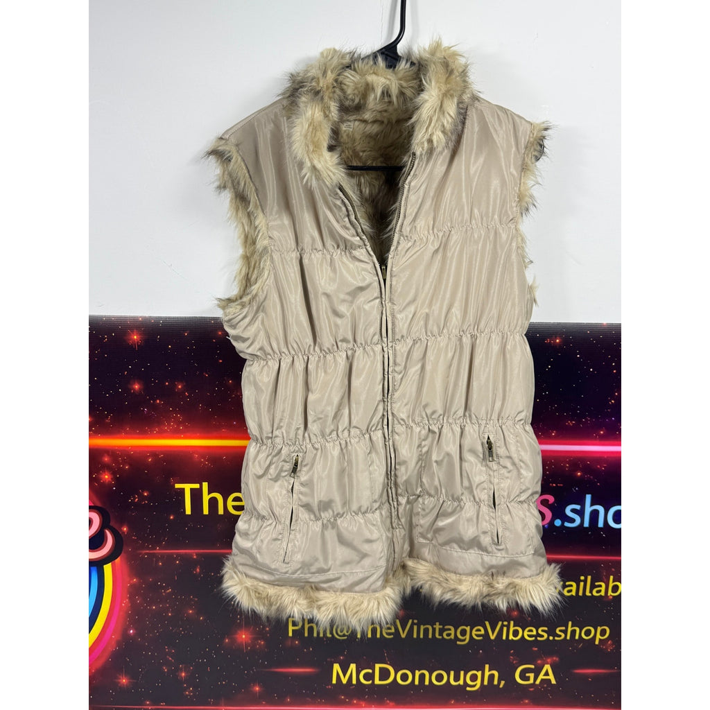 Bagatelle Reversible Faux Fur Leopard Print Puffer Vest Womens Beige Brown Y2K