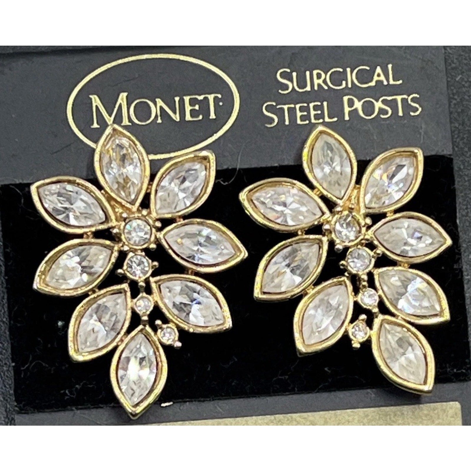 Vtg Monet Gold Tone Marquise Crystal Floral Clip Post Earrings NOS 1980s