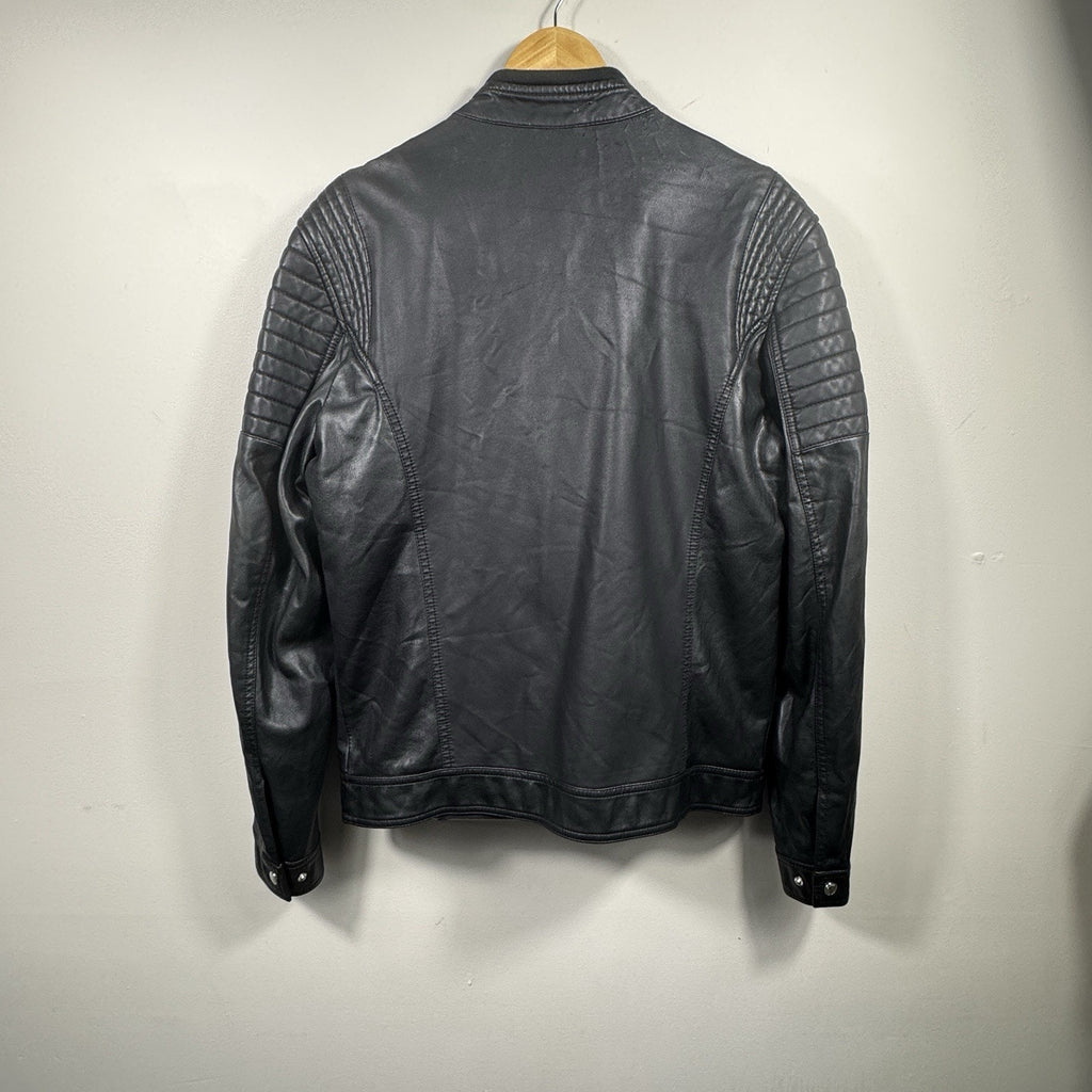 GUESS Mens Large Faux Leather Moto Cafe Racer Jacket Black Quilted Biker Zip