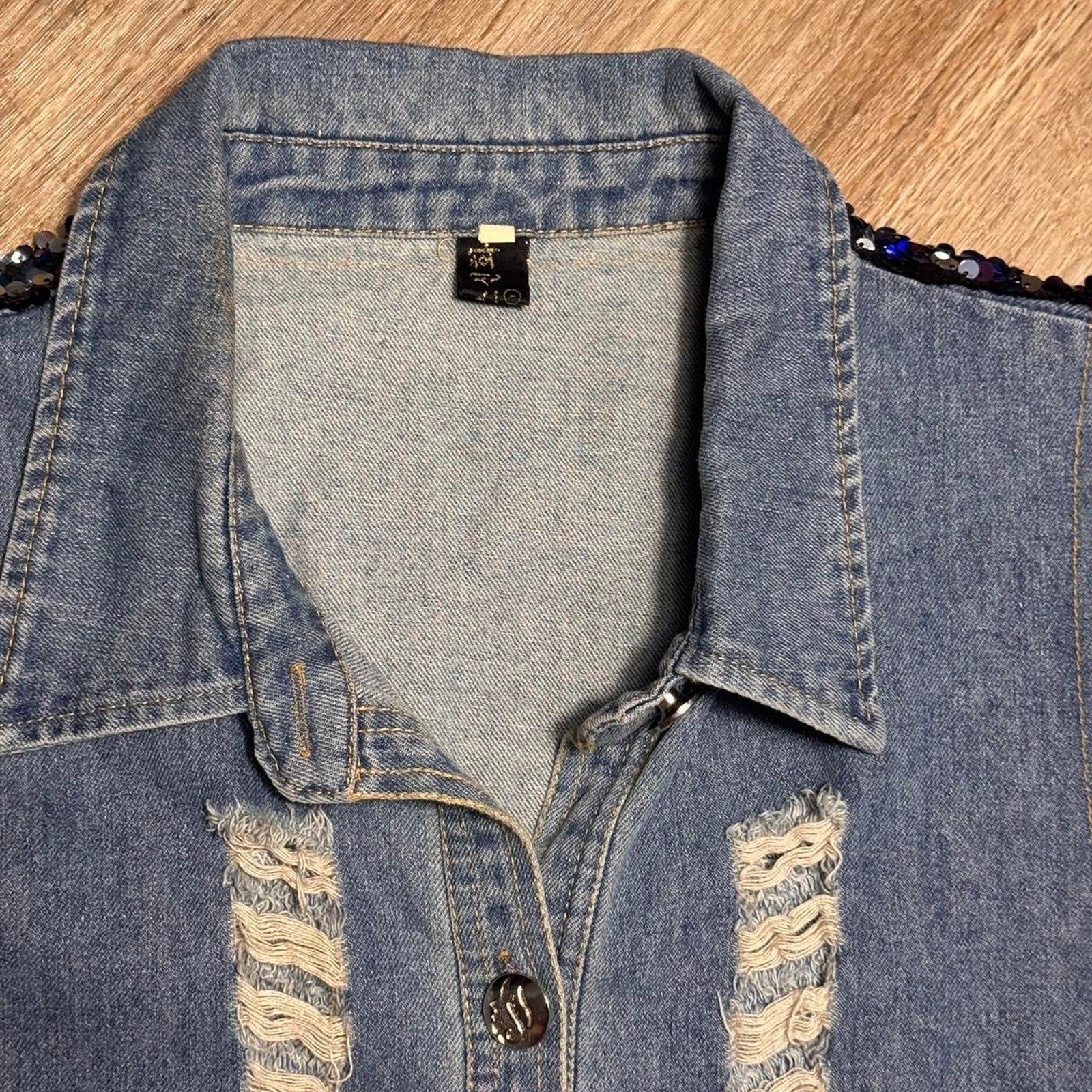 Women's Y2K Distressed Denim Sequin Vest Jacket Festival Rave Glam Large