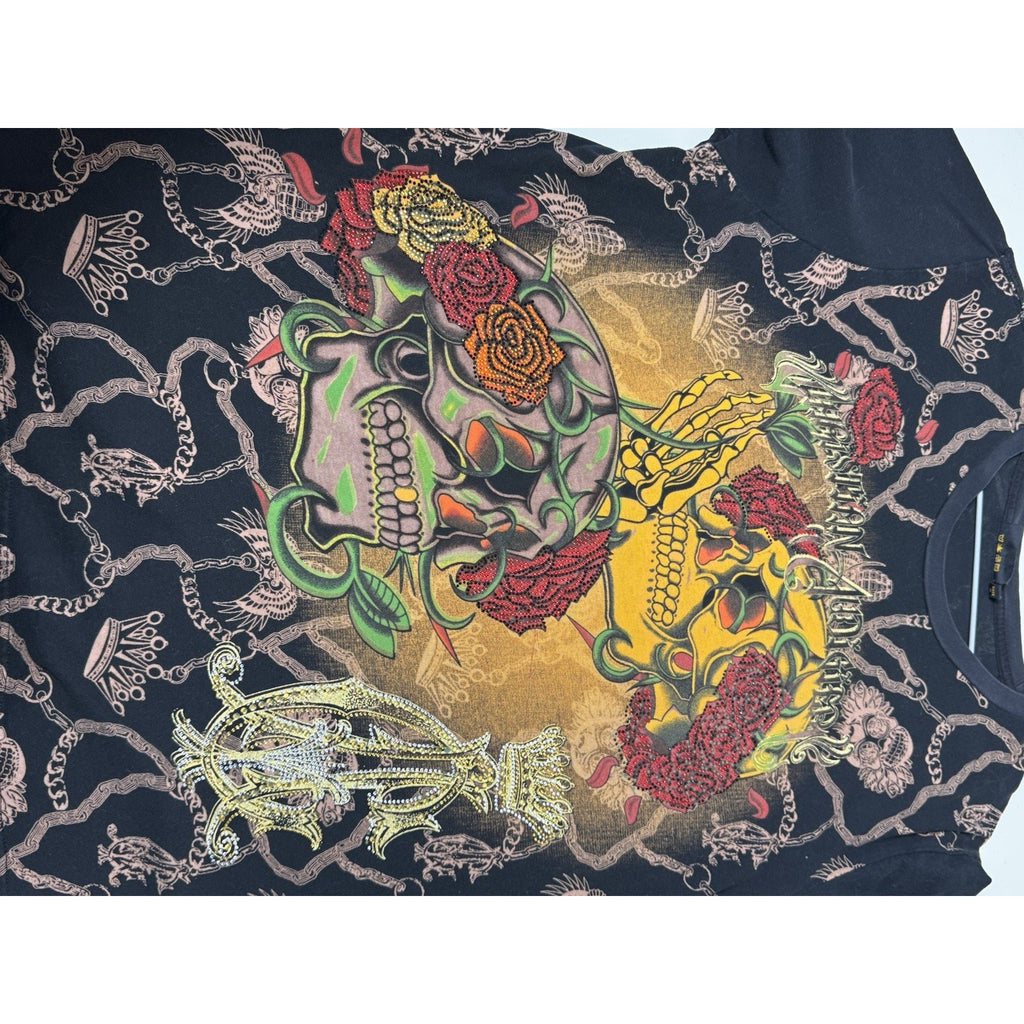 Vtg Christian Audigier Skulls Roses Tee XL Rhinestone Tattoo All Over Print