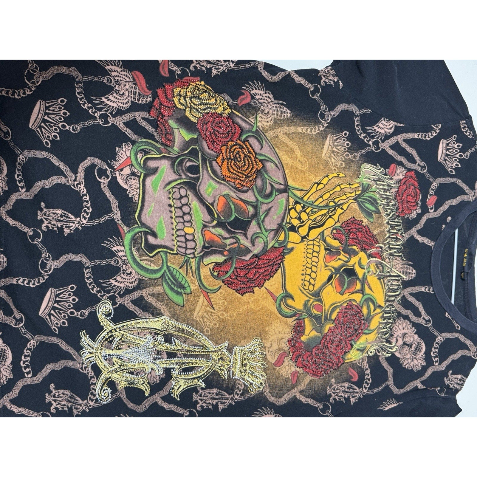 Vtg Christian Audigier Skulls Roses Tee XL Rhinestone Tattoo All Over Print