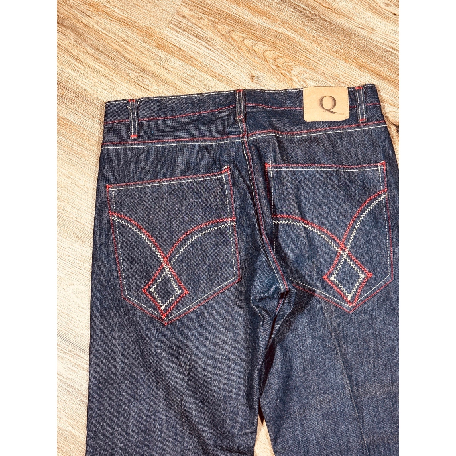Q by Qruel Y2K Dark Wash Designer Jeans Red White Contrast Stitch Straight Leg Men’s 36x33