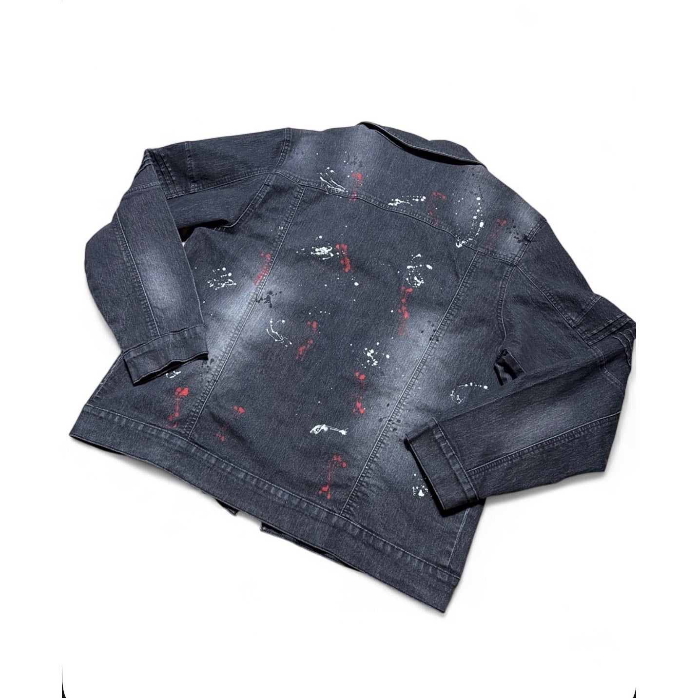 Akademiks Jeanius Black Denim Jacket Men’s 2XL Paint Splatter Y2K Streetwear