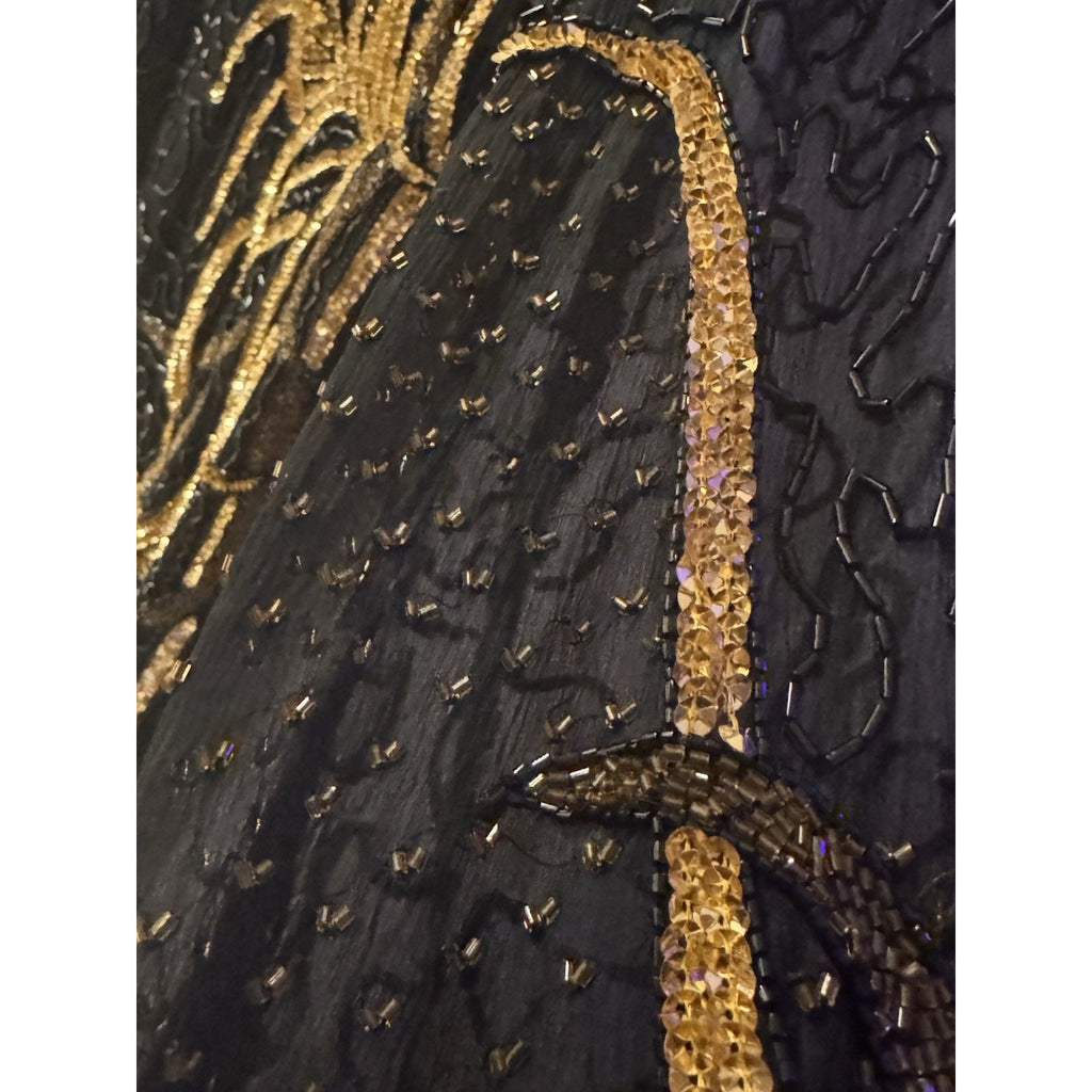 Vtg 1970-80s Jewel Queen 100% Pure Silk Black Gold Beaded Cocktail Dress Large