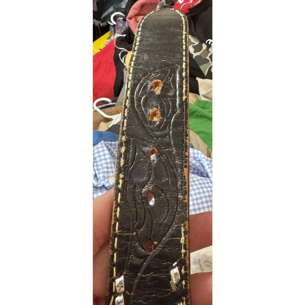 Vtg 70-80s Western Tooled Leather Belt Buckle 32 Buckstitch Pearl Inlay USA Made