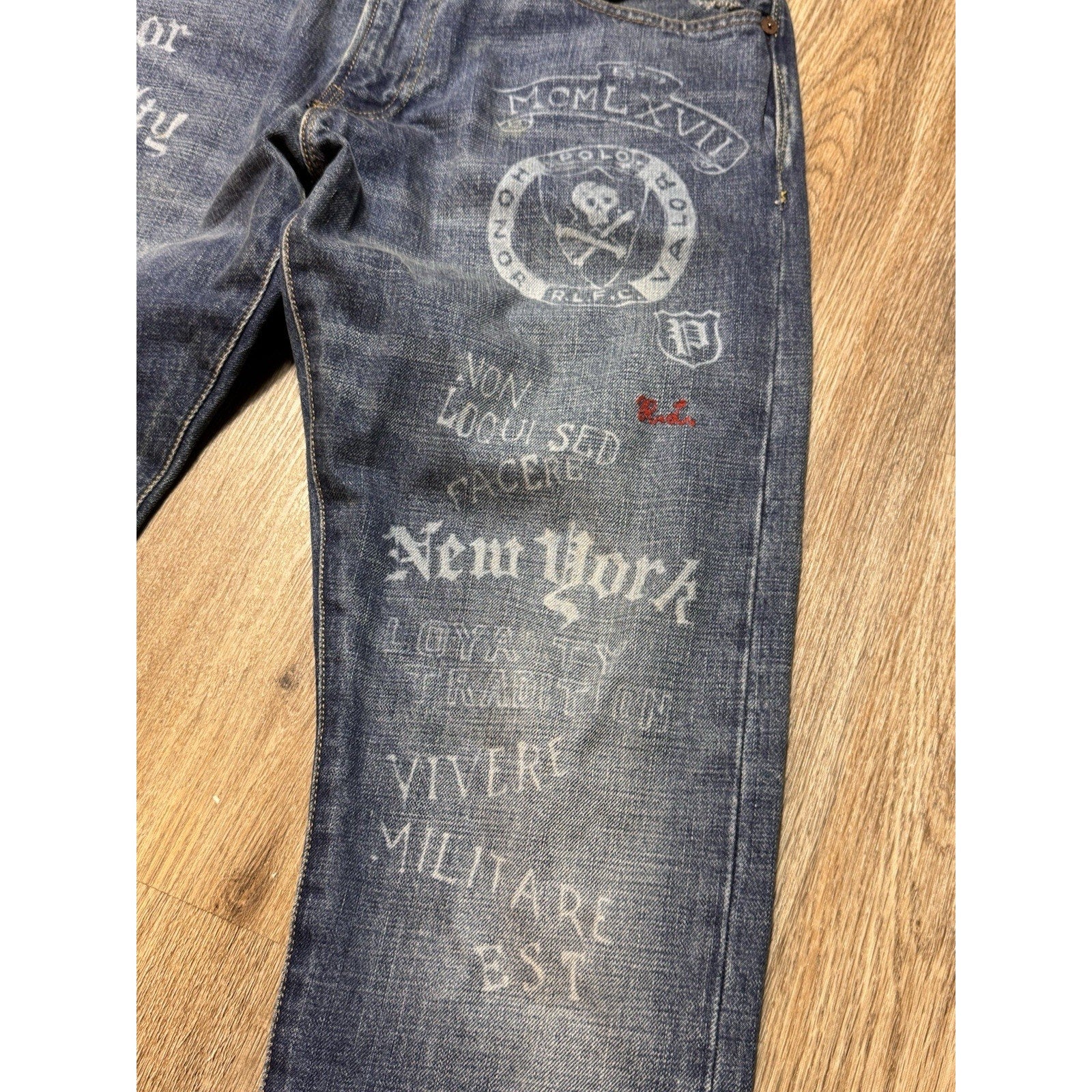 Vtg 2000s Polo Ralph Lauren Sullivan Slim Y2K Graphic Skull Jeans 33x32 Rare HTF