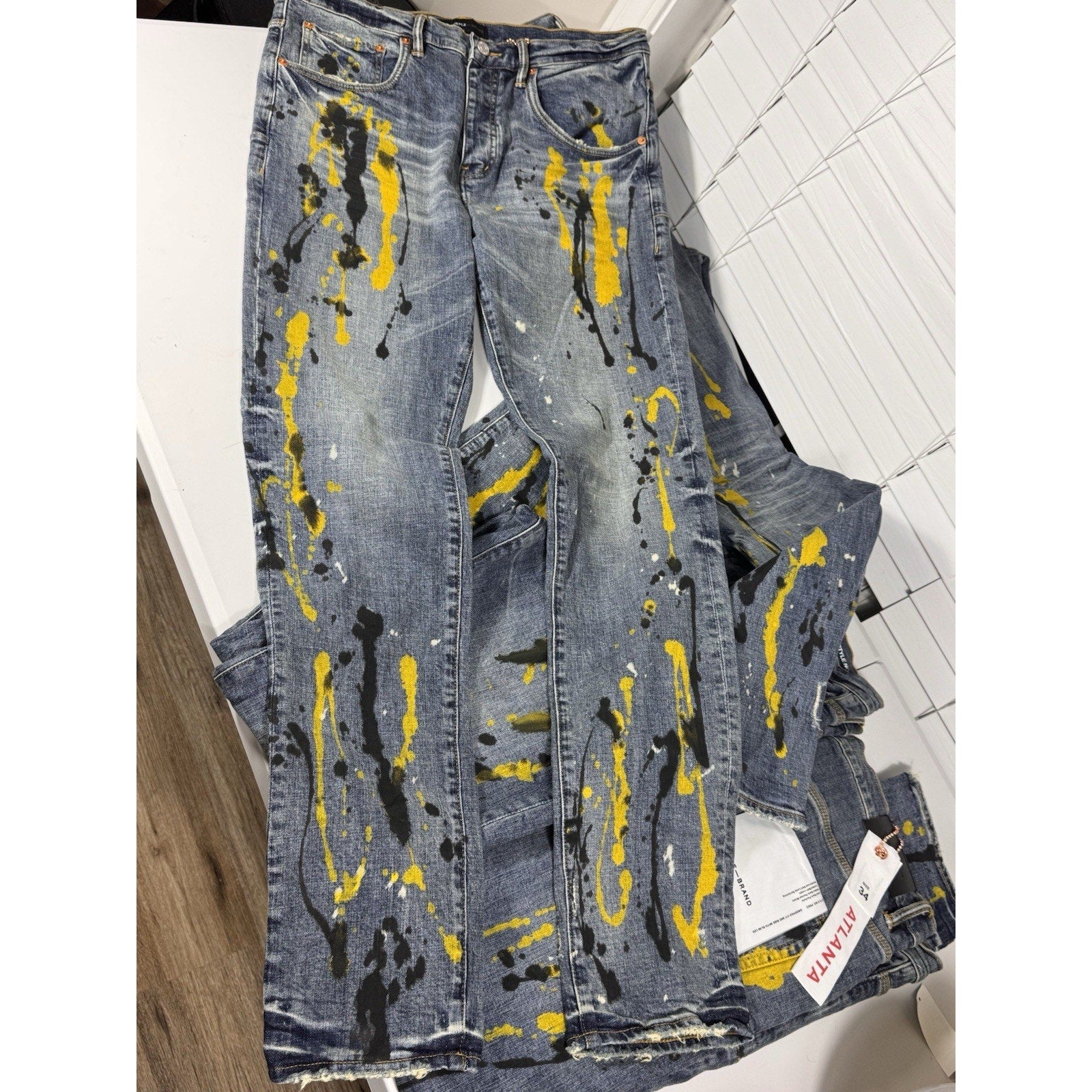 $290 Rare Purple Brand P002 Atlanta Exclusive Gold Paint Splatter Jeans Sz 34x34