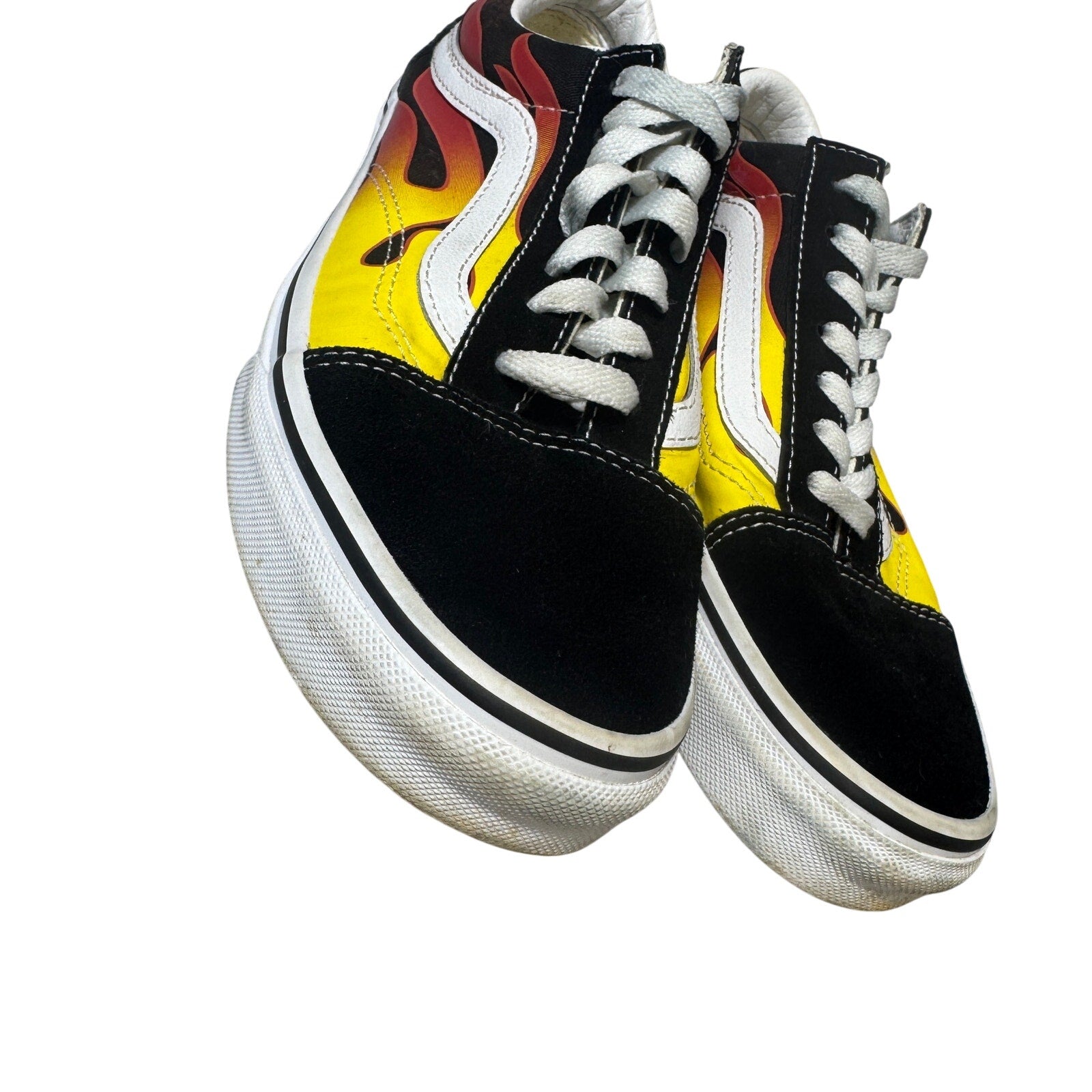 Vans Old Skool Flame Sneakers Black Yellow Red Canvas Skate Shoes Men's 5.5 Women 7