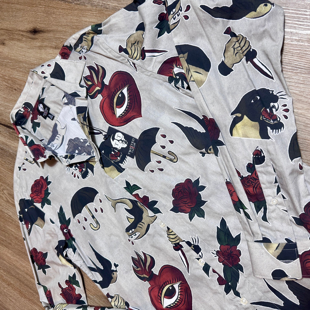 Twisted Tailor Tattoo Flash Print Button Up Shirt Men’s Medium Long NWT