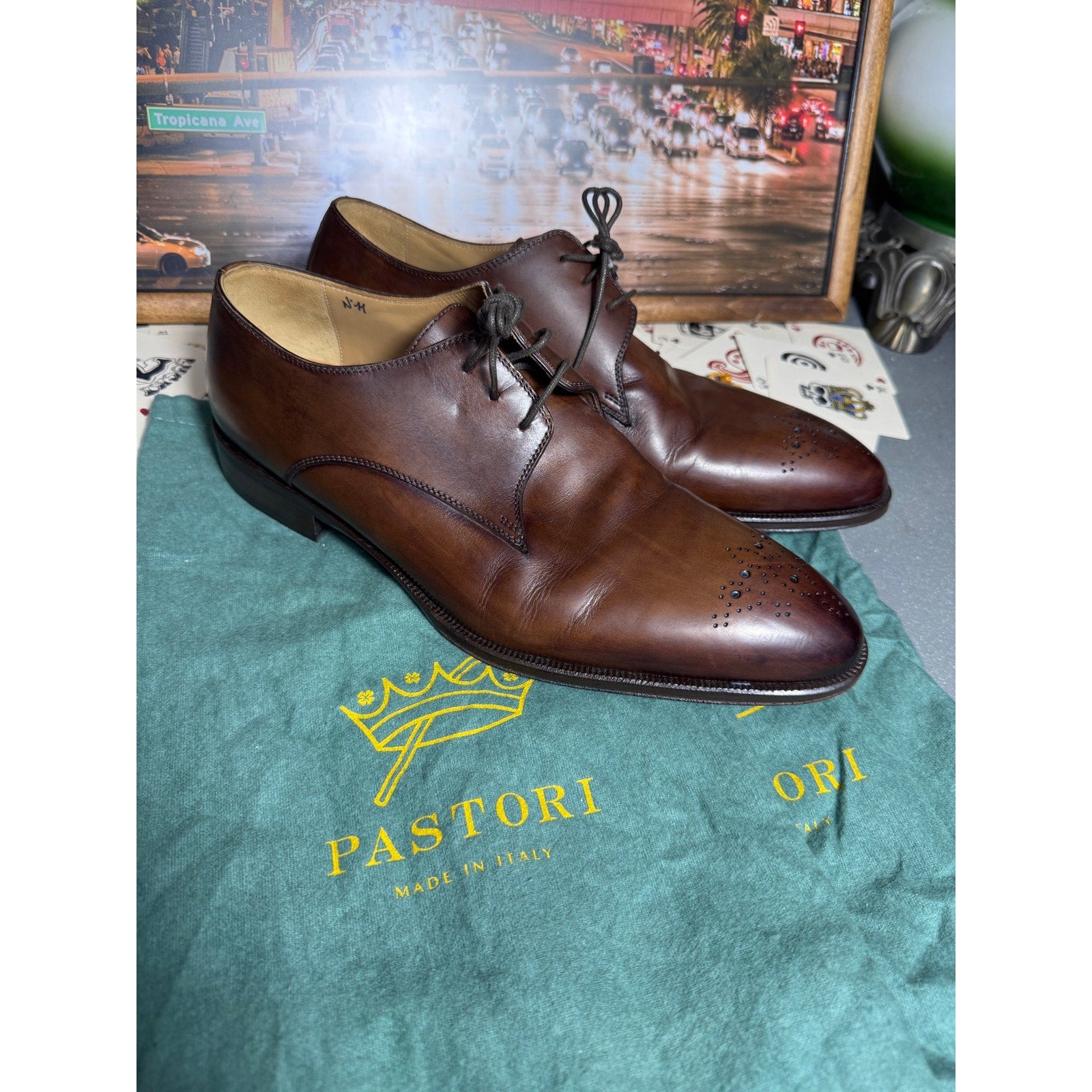 Pastori Handmade Italian Brown Leather Medallion Derby Dress Shoes EU 44 US 11