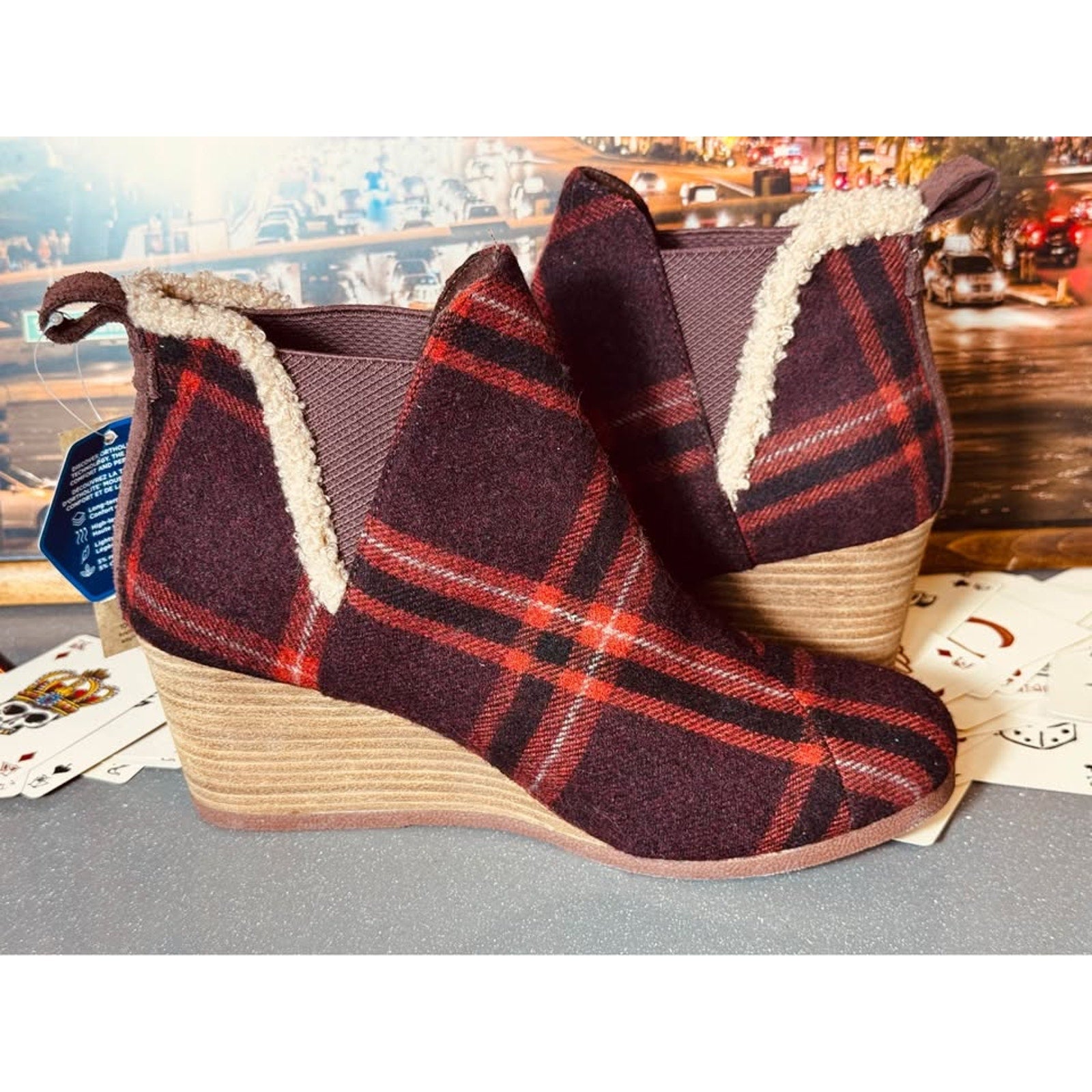 Copied - TOMS Women’s Kelsey Wedge Ankle Boots Sz 5 Red Earthy Plaid Wool Blend