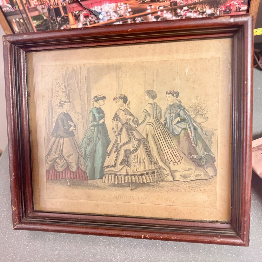 Antique 1867 Godey’s Lady’s Book Fashion Plate Victorian Print Framed 14x12