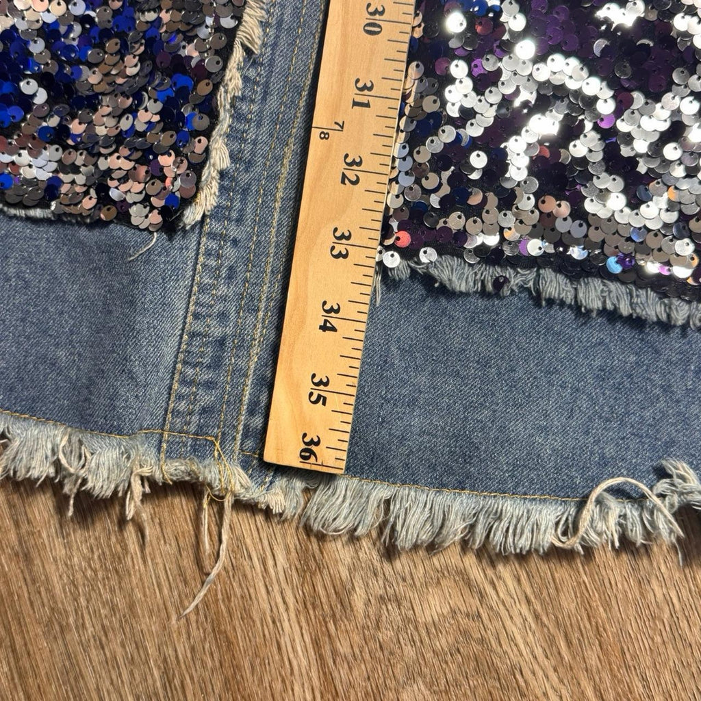 Women's Y2K Distressed Denim Sequin Vest Jacket Festival Rave Glam Large
