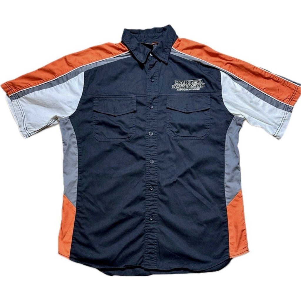 Harley-Davidson Performance Flame Work Shirt Button Up Black Orange Men’s Large