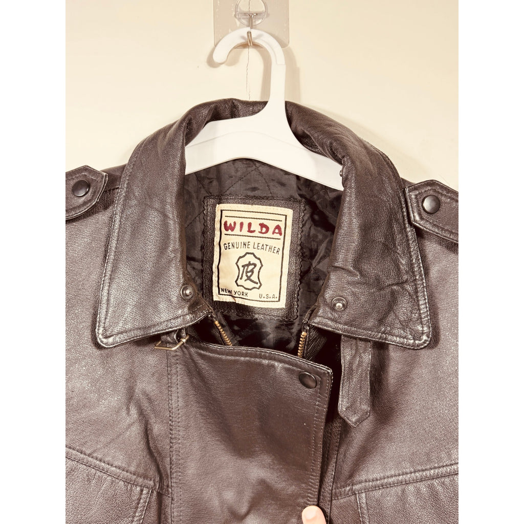 Vintage USA Made Wilda Genuine Leather Motorcycle Jacket Black Biker Cafe Racer Coat