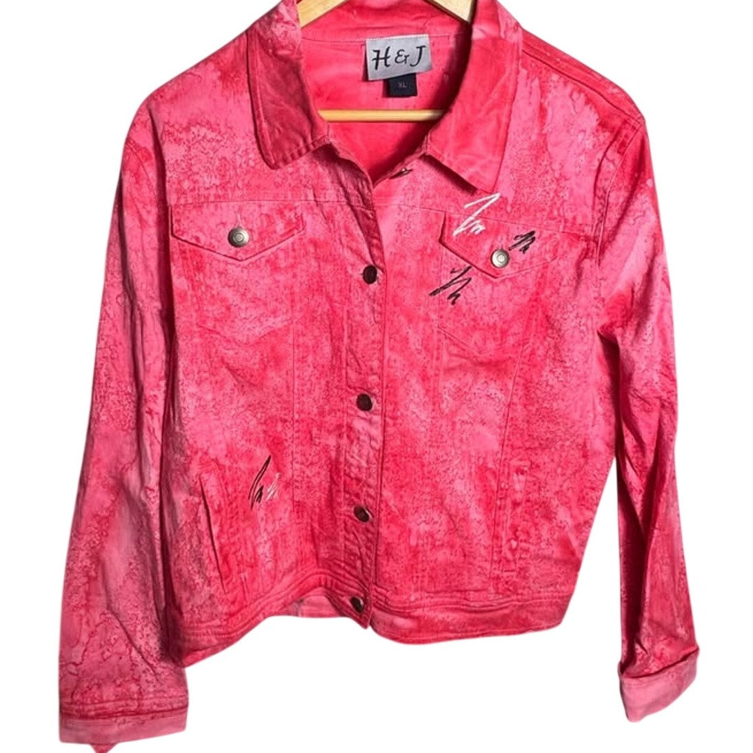 H&J Pink Acid Wash Denim Jacket XL Graphic Paint Detail Button Front