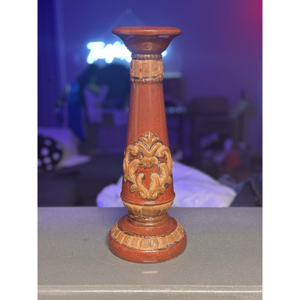 15” Tuscan Style Ceramic Pillar Candle Holder Brown Gold Fleur‑De‑Lis Vtg Home