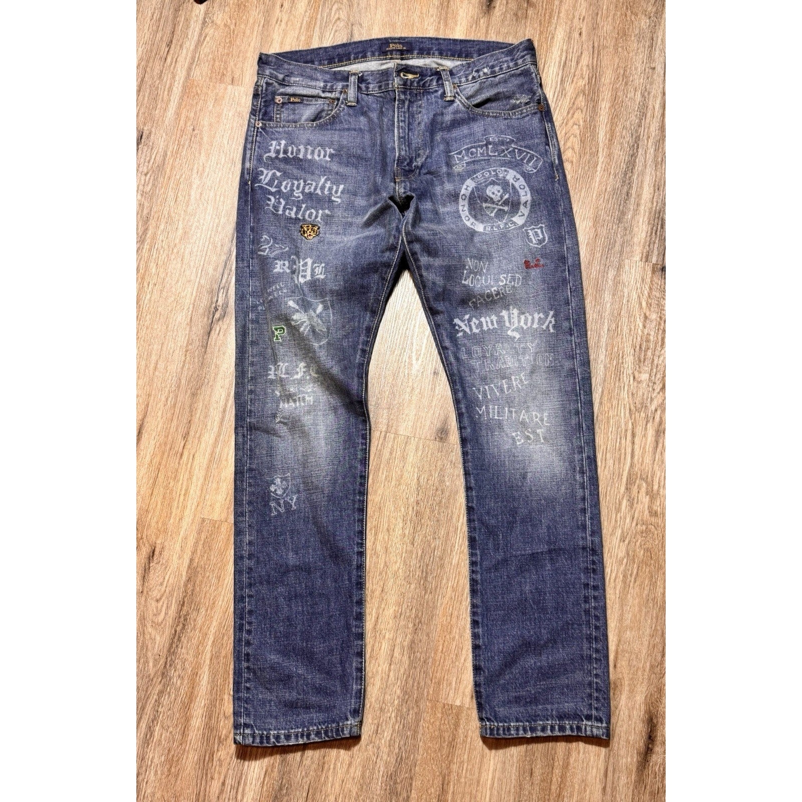 Vtg 2000s Polo Ralph Lauren Sullivan Slim Y2K Graphic Skull Jeans 33x32 Rare HTF