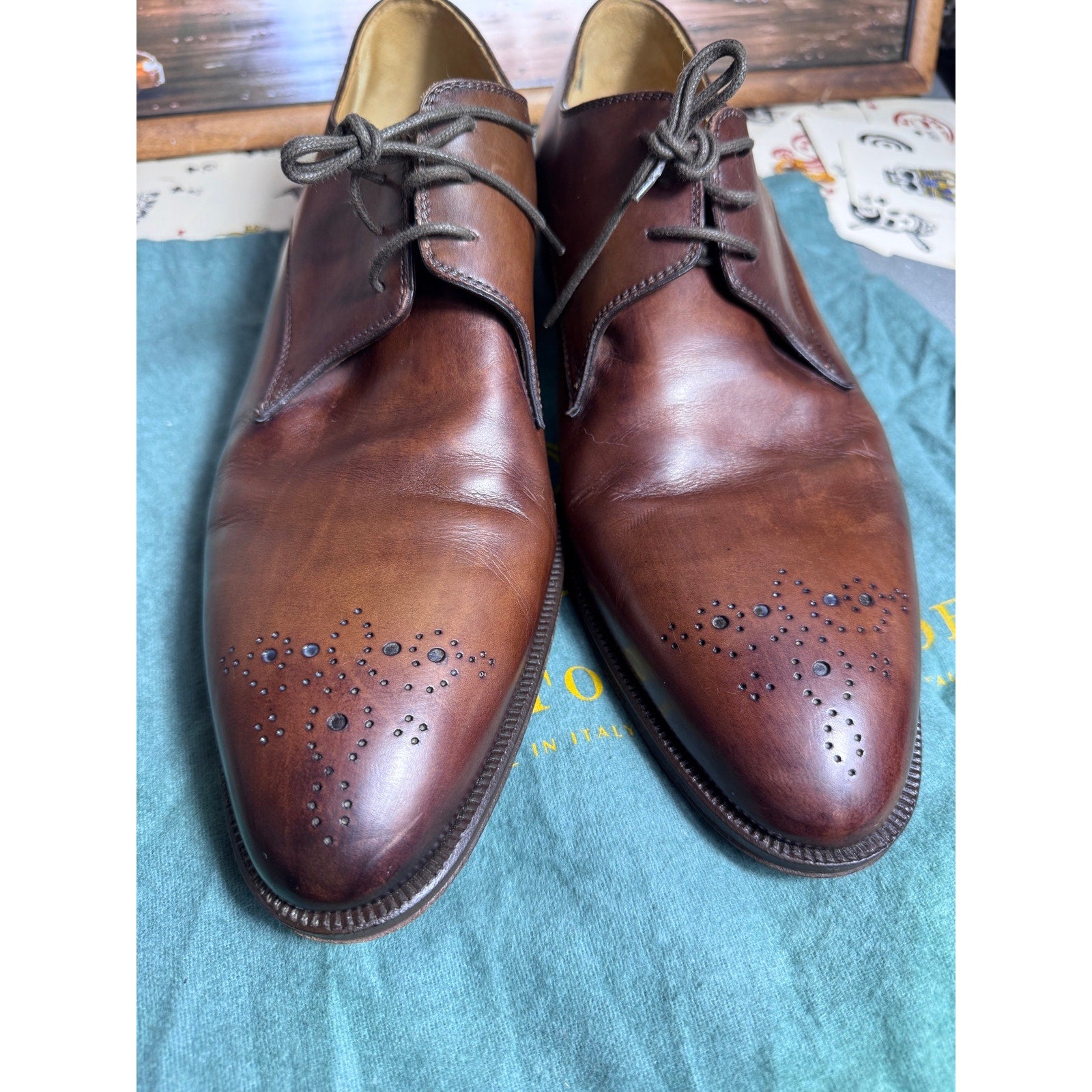 Pastori Handmade Italian Brown Leather Medallion Derby Dress Shoes EU 44 US 11