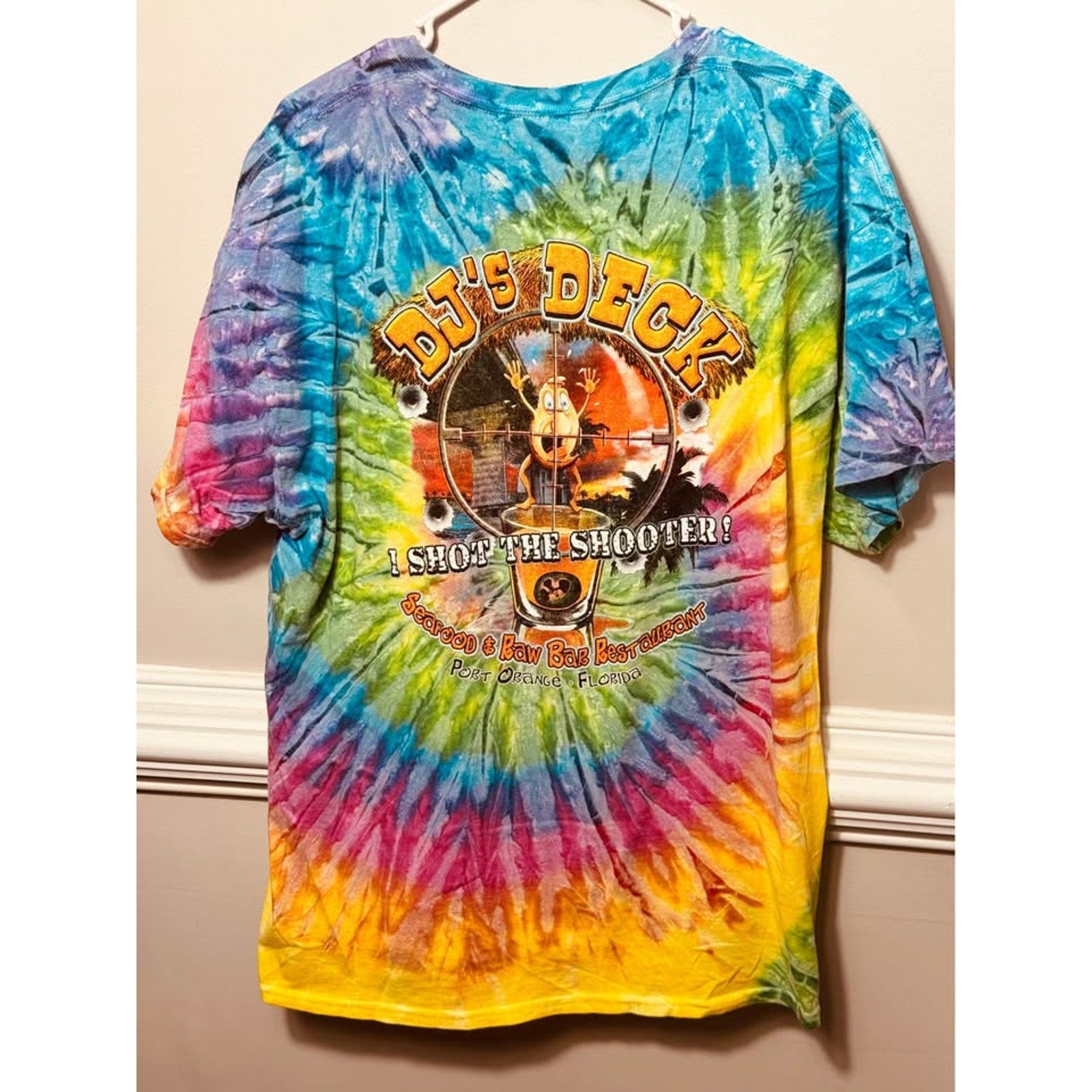 DJ’s Deck Port Orange Florida Tie Dye Seafood Raw Bar Graphic T Shirt XL Gildan