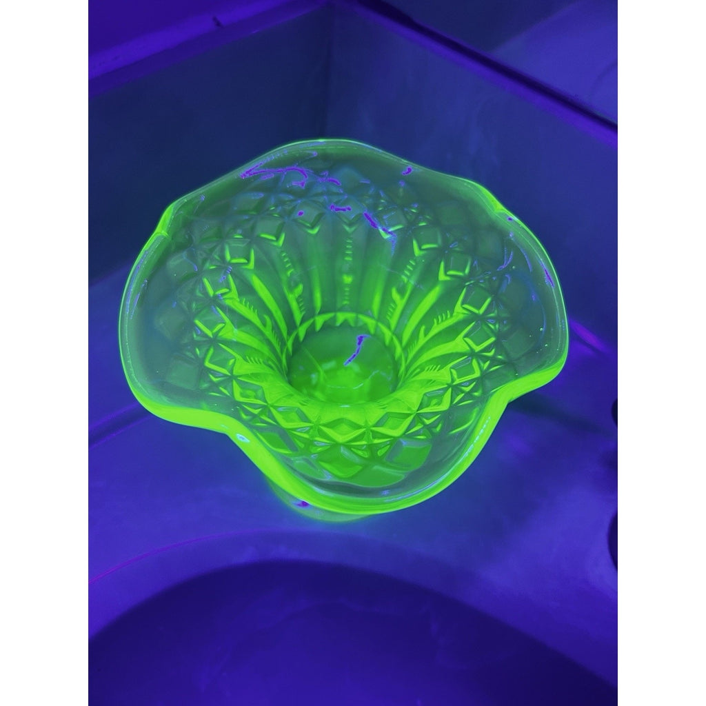 Kanawha Glass Green Uranium Pedestal Compote Candy Dish Glows Vintage 5.5"