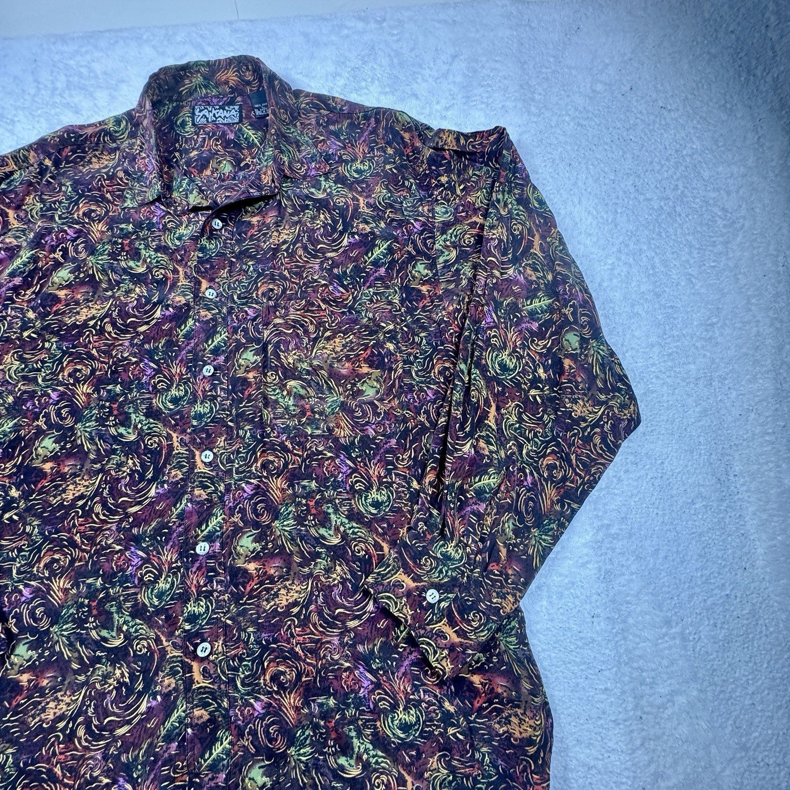 Vintage 1990s Santana 100% Silk Abstract Baroque Button Up Shirt Mens L Korea