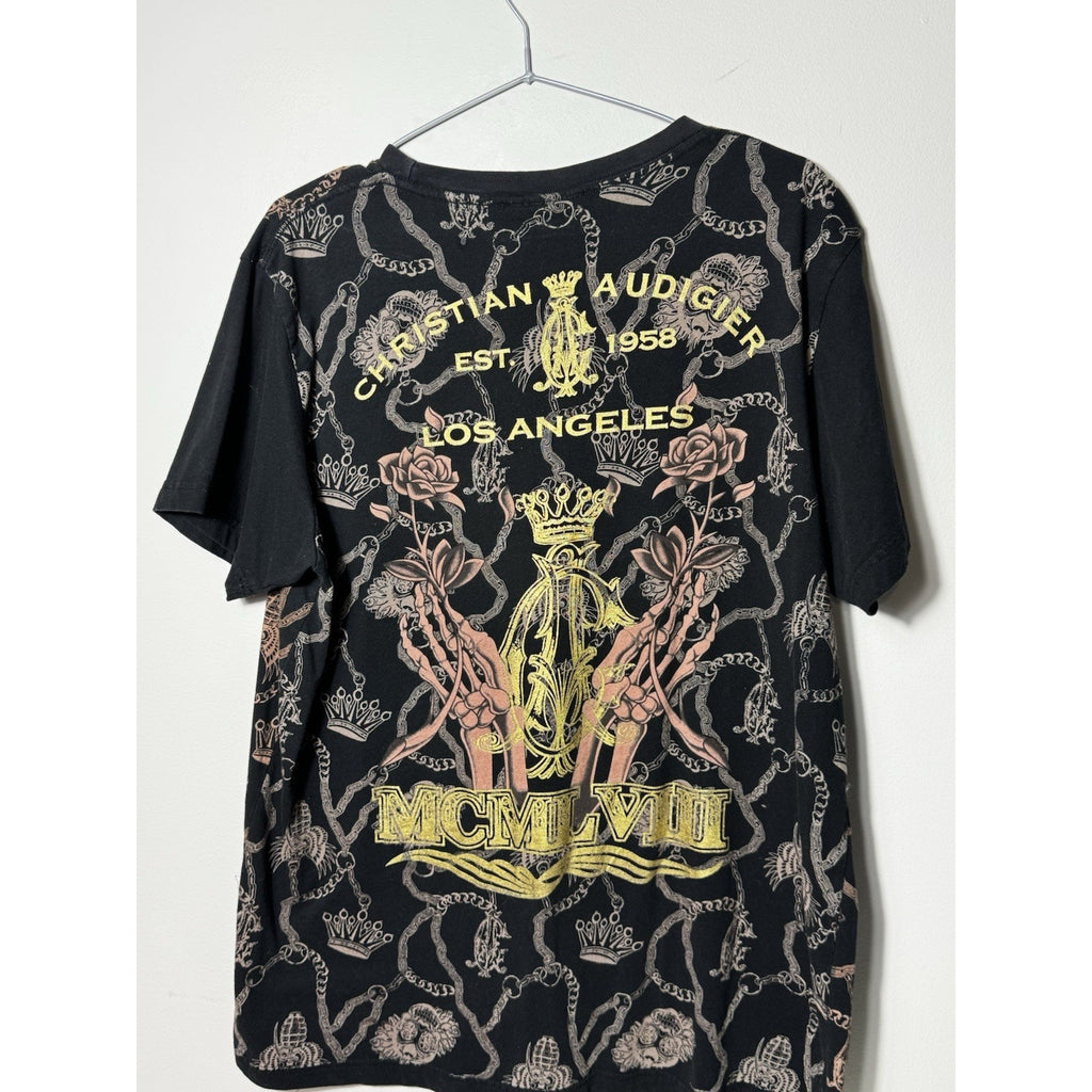 Vtg Christian Audigier Skulls Roses Tee XL Rhinestone Tattoo All Over Print