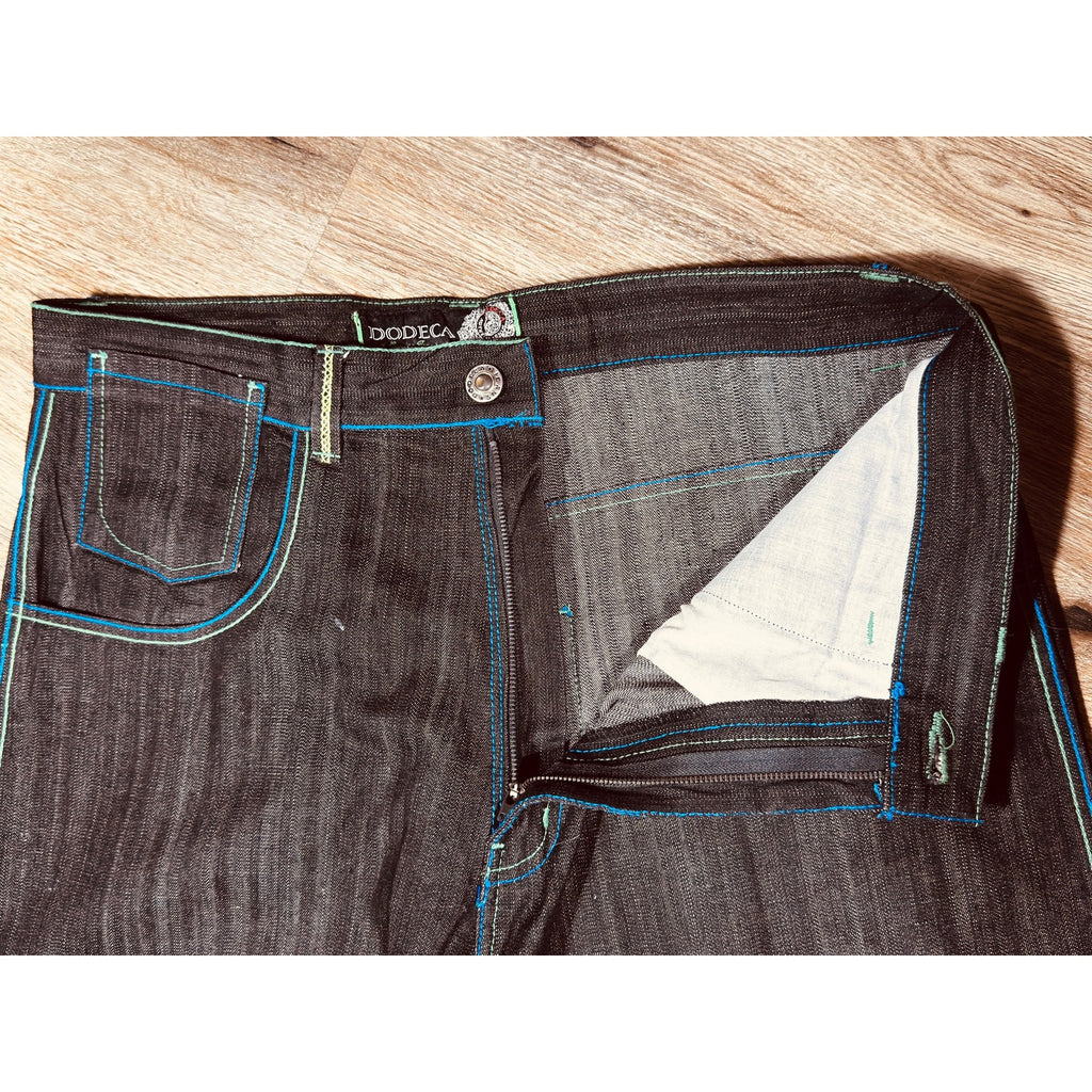 Dodeca Jeans Y2K Dark Wash Wide Leg Graphic Denim 38x34 Rare Streetwear