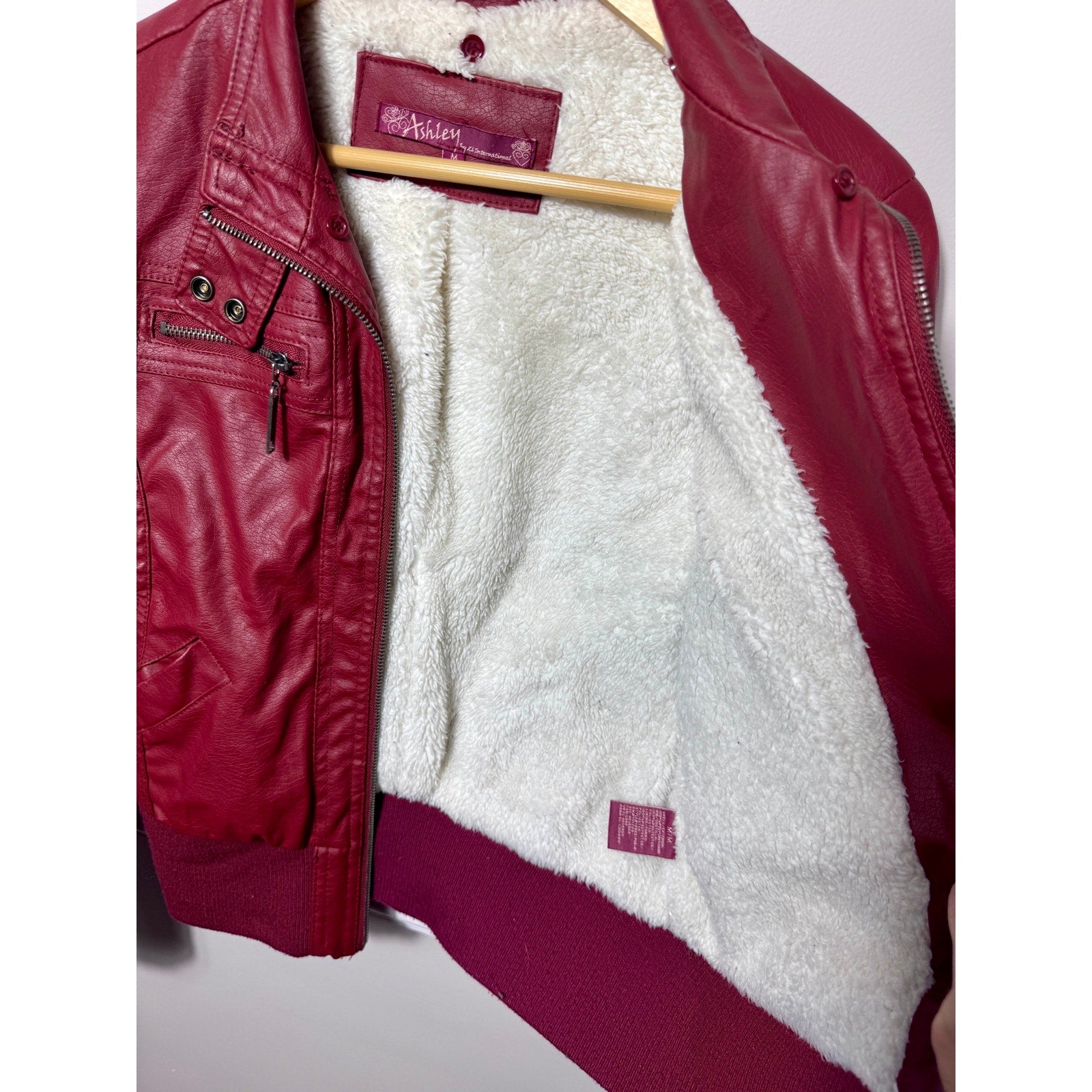 Ashley Faux Leather Sherpa Lined Moto Bomber Jacket Burgundy Women’s M Medium