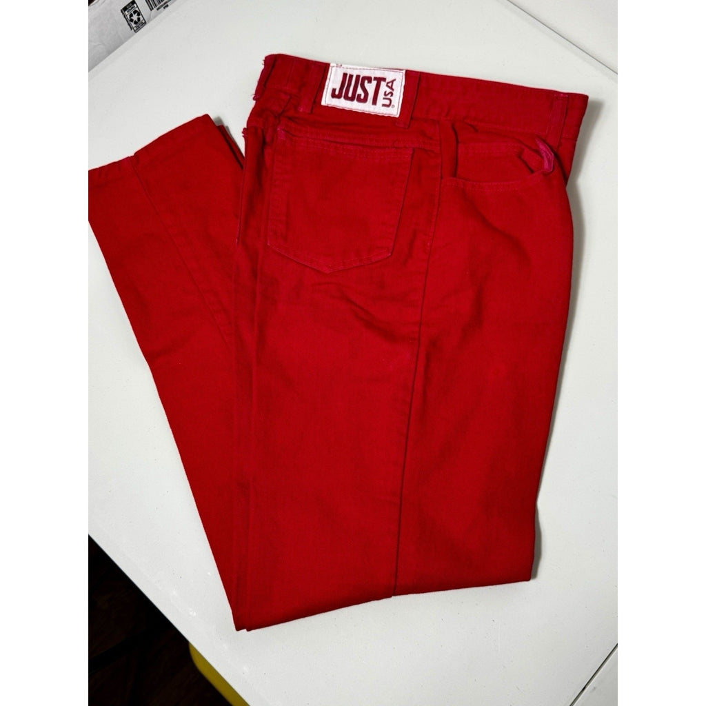 Rare 90 JUST USA Red High Waist Straight Leg Jeans Sz 9 ~ 27” Waist Made in USA
