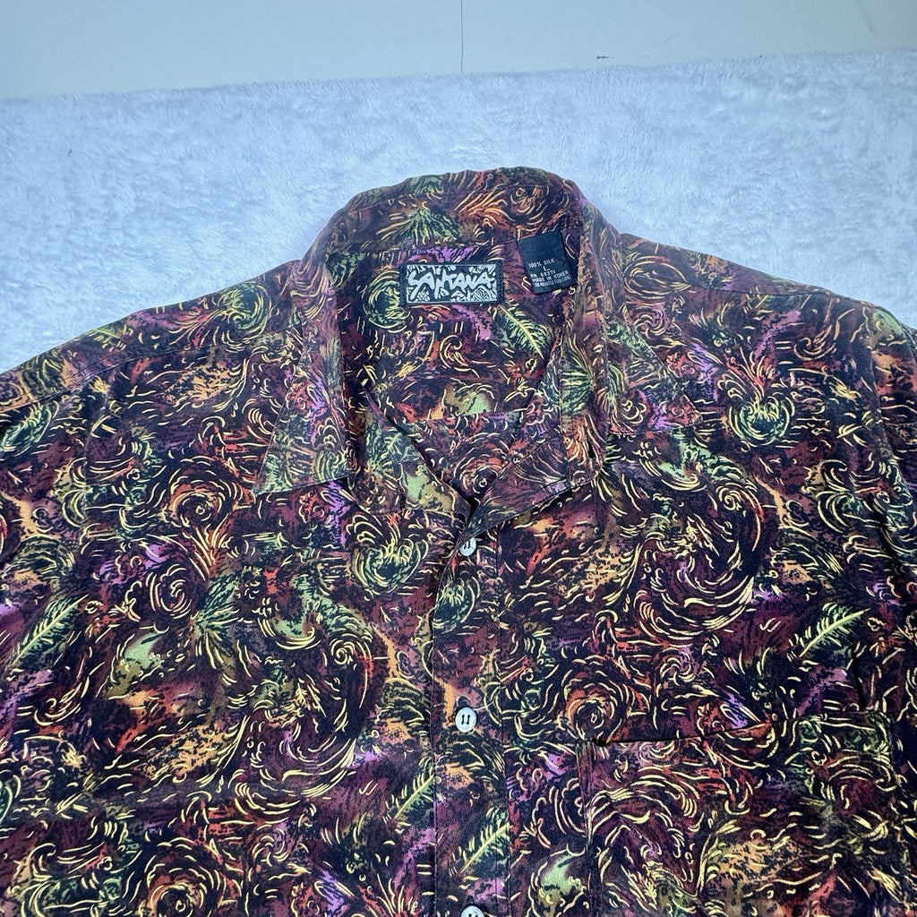 Vintage 1990s Santana 100% Silk Abstract Baroque Button Up Shirt Mens L Korea