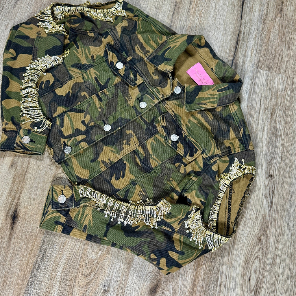 Azalea Wang Camo Rhinestone Fringe Cold Shoulder Cropped Trucker Jacket Small S