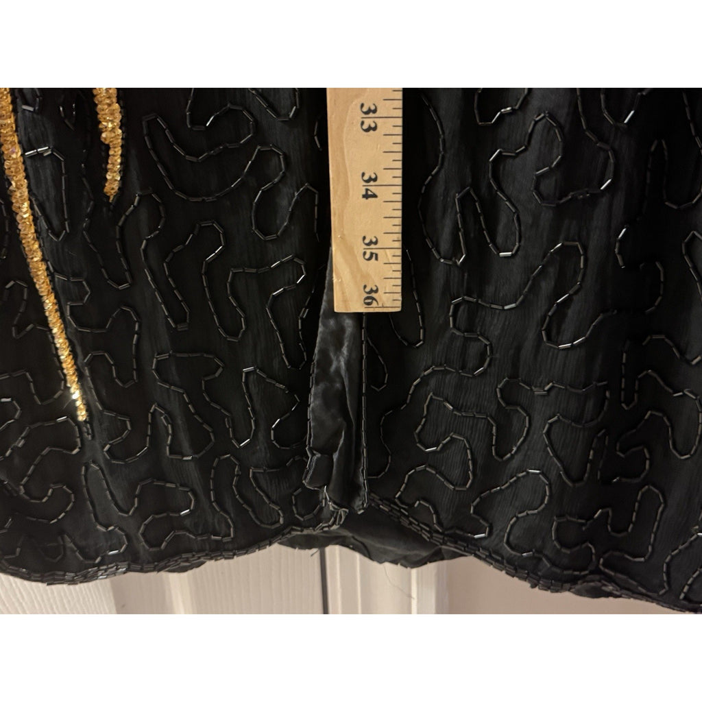 Vtg 1970-80s Jewel Queen 100% Pure Silk Black Gold Beaded Cocktail Dress Large
