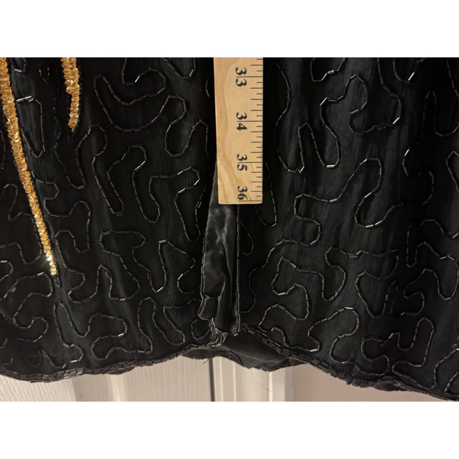 Vtg 1970-80s Jewel Queen 100% Pure Silk Black Gold Beaded Cocktail Dress Large