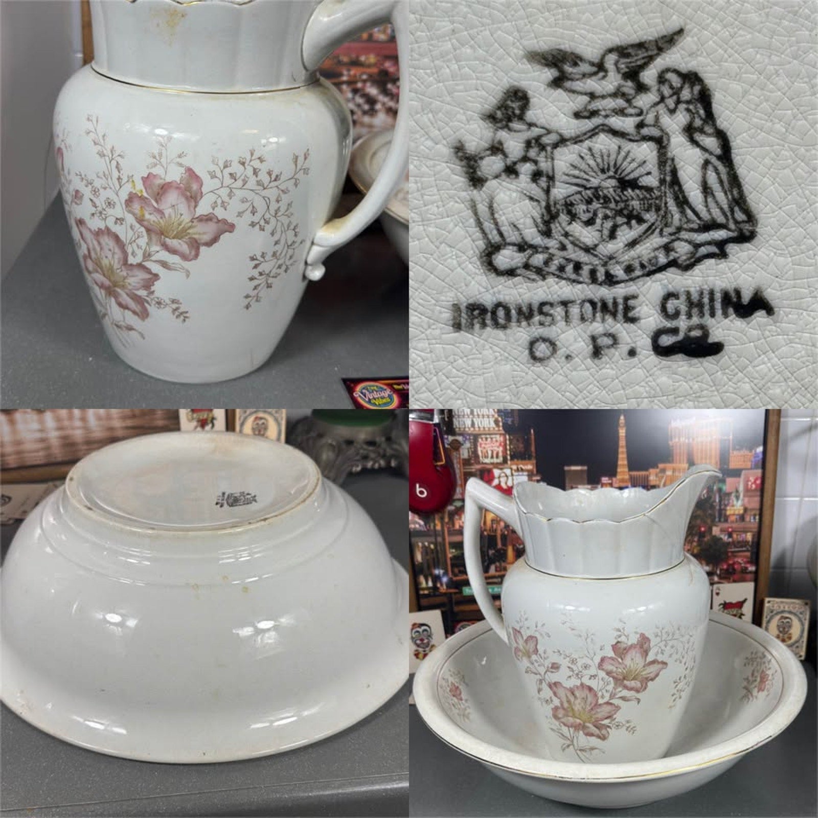 Copied - Late 1800s Vintage O.P. Co Ironstone Wash Basin & Pitcher Set Floral Gold Trim Excelsior