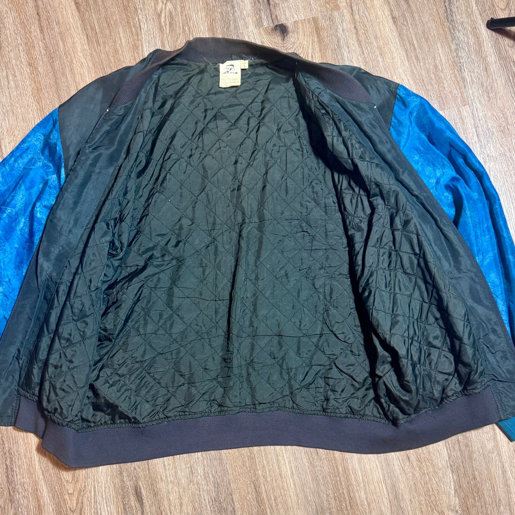 Vintage M2D Major Damage Silk Bomber Jacket Mens XL XXL Blue Black 90s Hip Hop