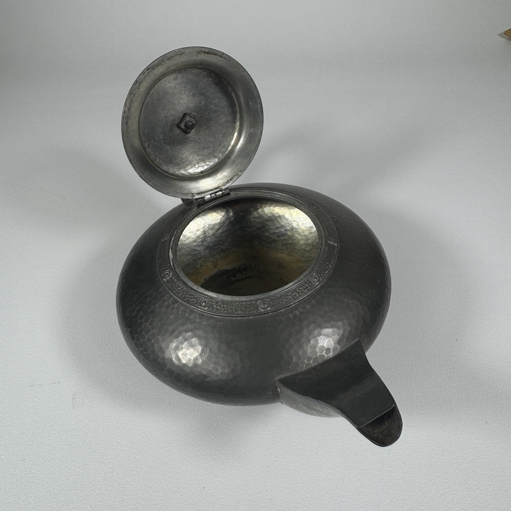 1900s Antique Alex Clark English Pewter Wood No 28 Hand Hammered Teapot London