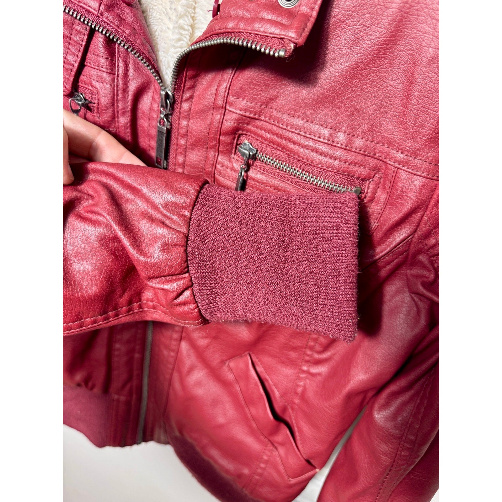 Ashley Faux Leather Sherpa Lined Moto Bomber Jacket Burgundy Women’s M Medium