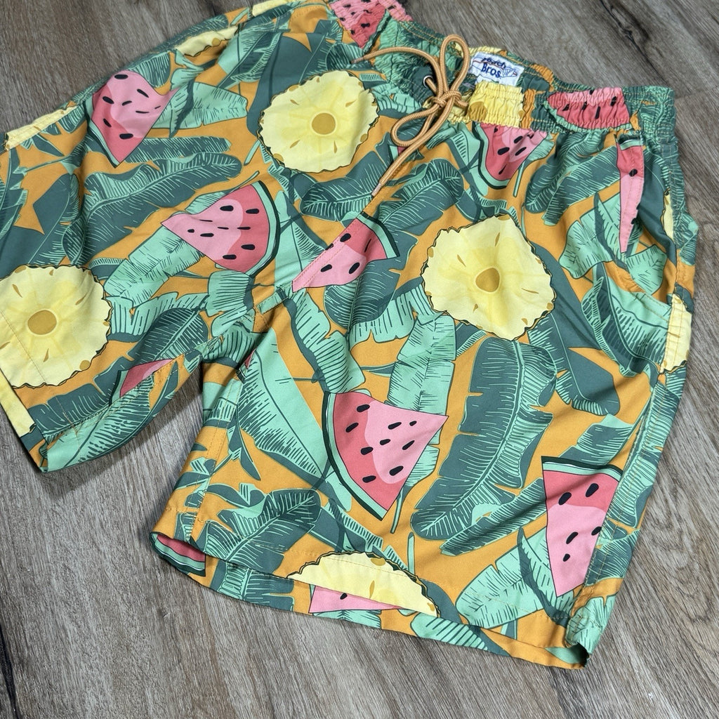 VTG Beach Bros Tropical Pineapple & Watermelon Lined Swim Trunks Size L Large