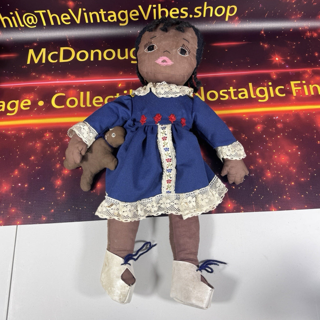 Vintage Handmade African American Cloth Rag Doll Blue Lace Dress Cat 1970s 80s