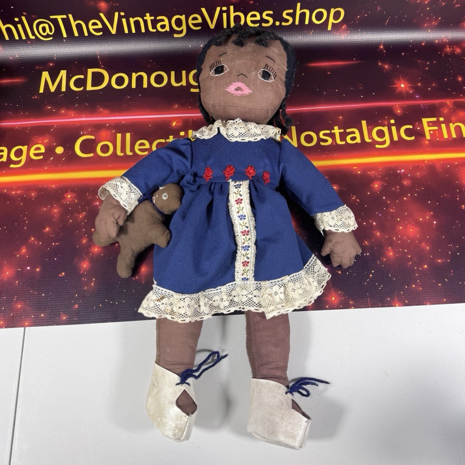 Vintage Handmade African American Cloth Rag Doll Blue Lace Dress Cat 1970s 80s