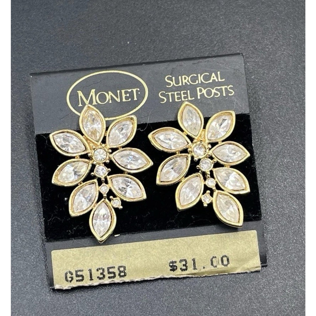 Vtg Monet Gold Tone Marquise Crystal Floral Clip Post Earrings NOS 1980s